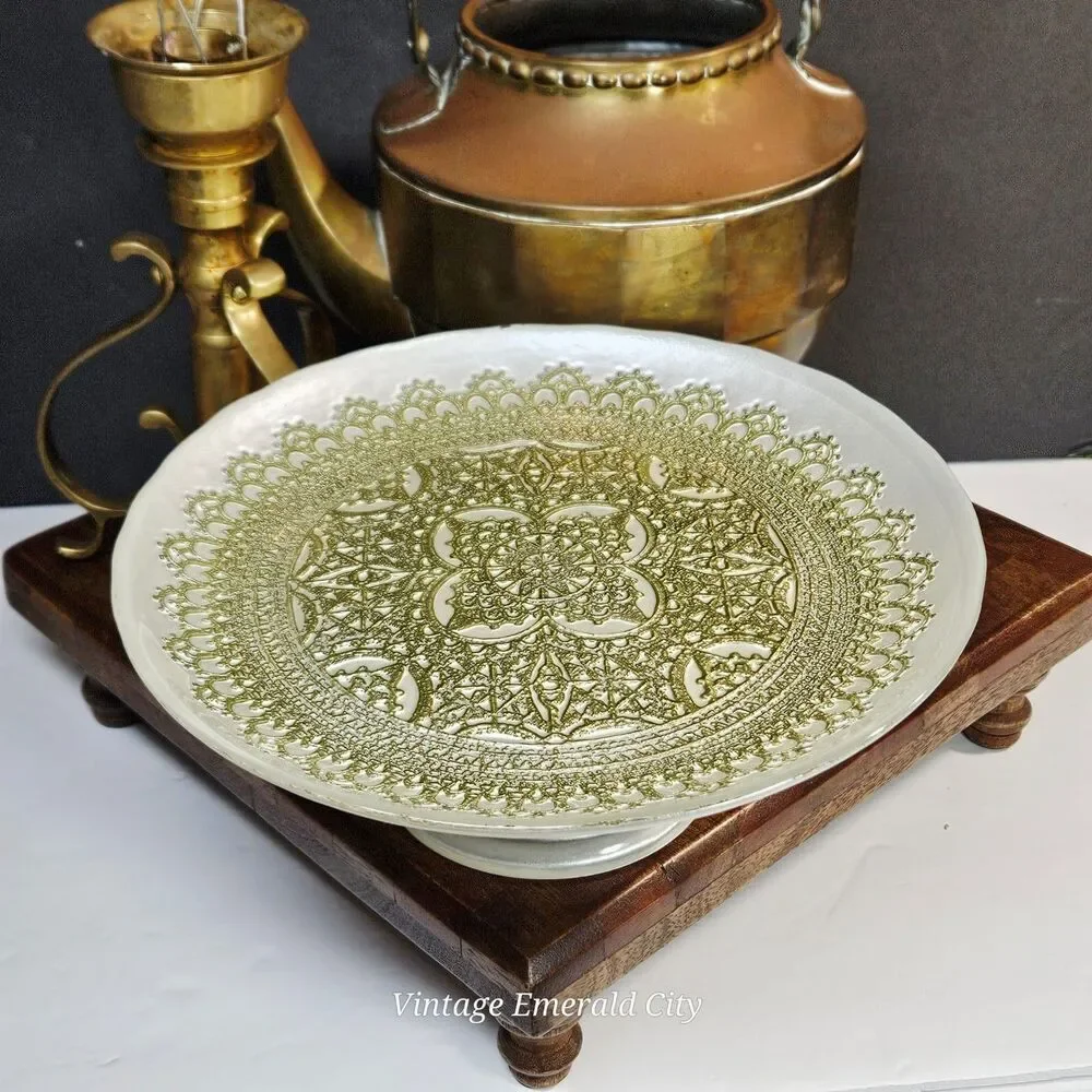 Vtg Turkish Glass White Cake Stand Pedestal Dessert Serving Platter Gold Lace